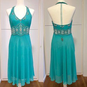 Sue Wong Turquoise Halter Silk/Beaded dress
